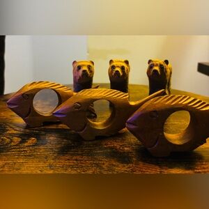 Wooden Fish and Bear Figurines Napkin rings
